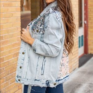 Distressed Light Wash Denim With Silver Sequin Blue Jean Jacket